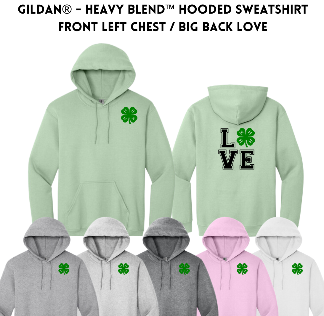 4-H Gildan® - Heavy Blend™ Hooded Sweatshirt Front left chest / Big Back Love