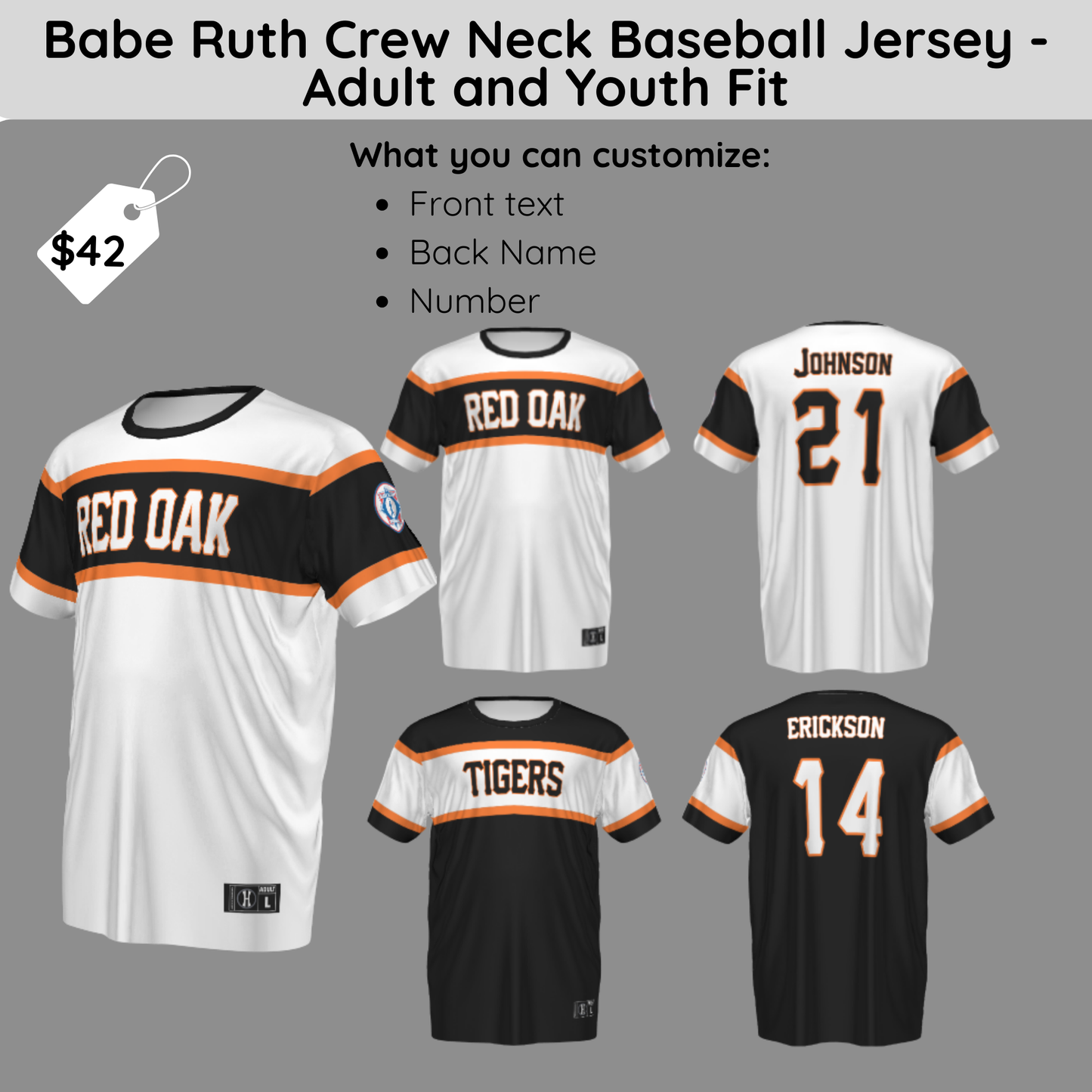 JVAASB Babe Ruth Crew Neck Baseball Jersey Adult and Youth
