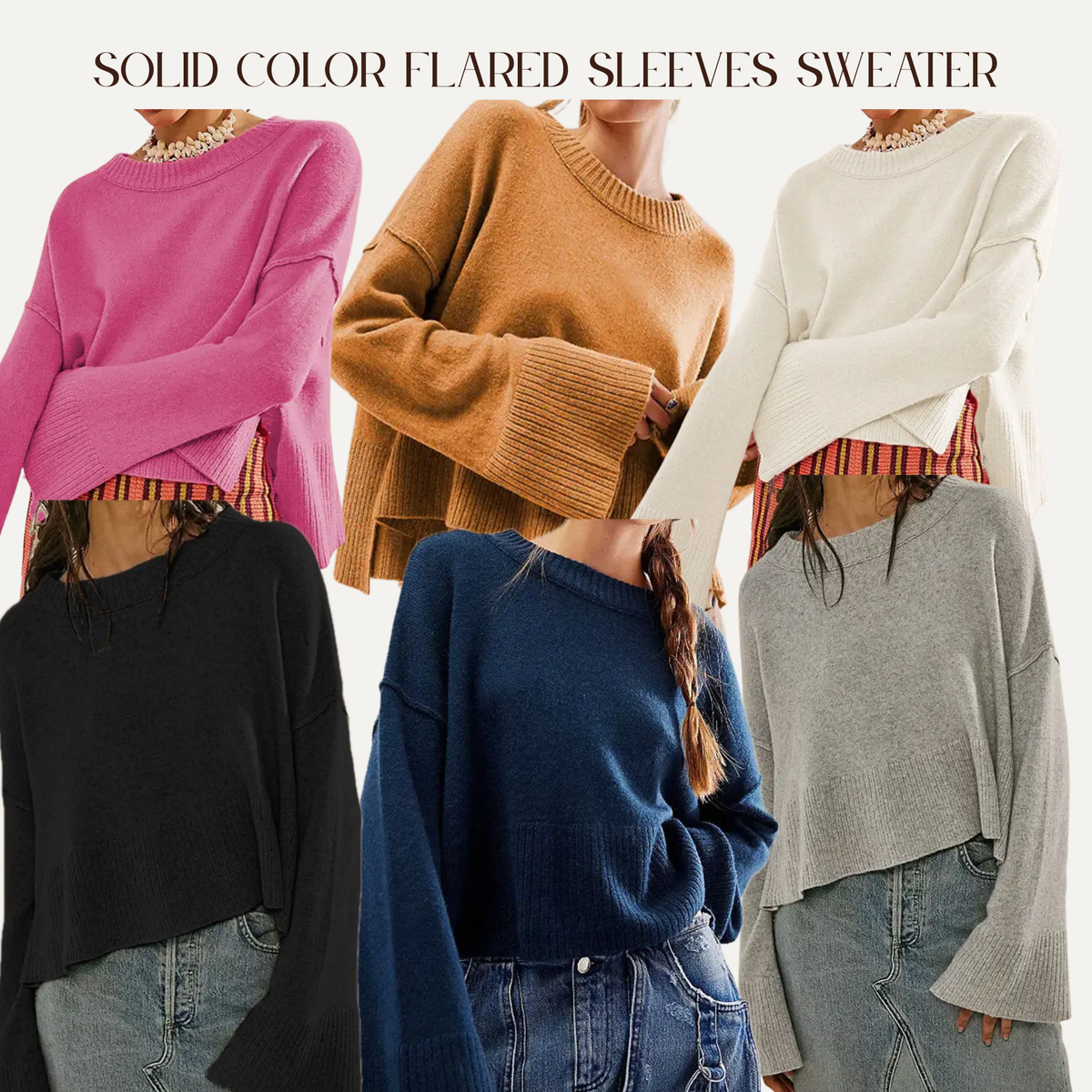 VBB Solid Color Flared Sleeves Sweater