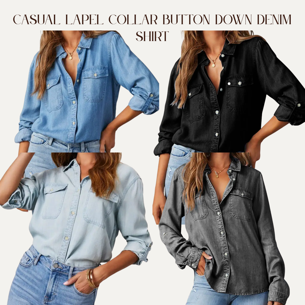 VBB Casual Lapel Collar Button Down Denim Shirt