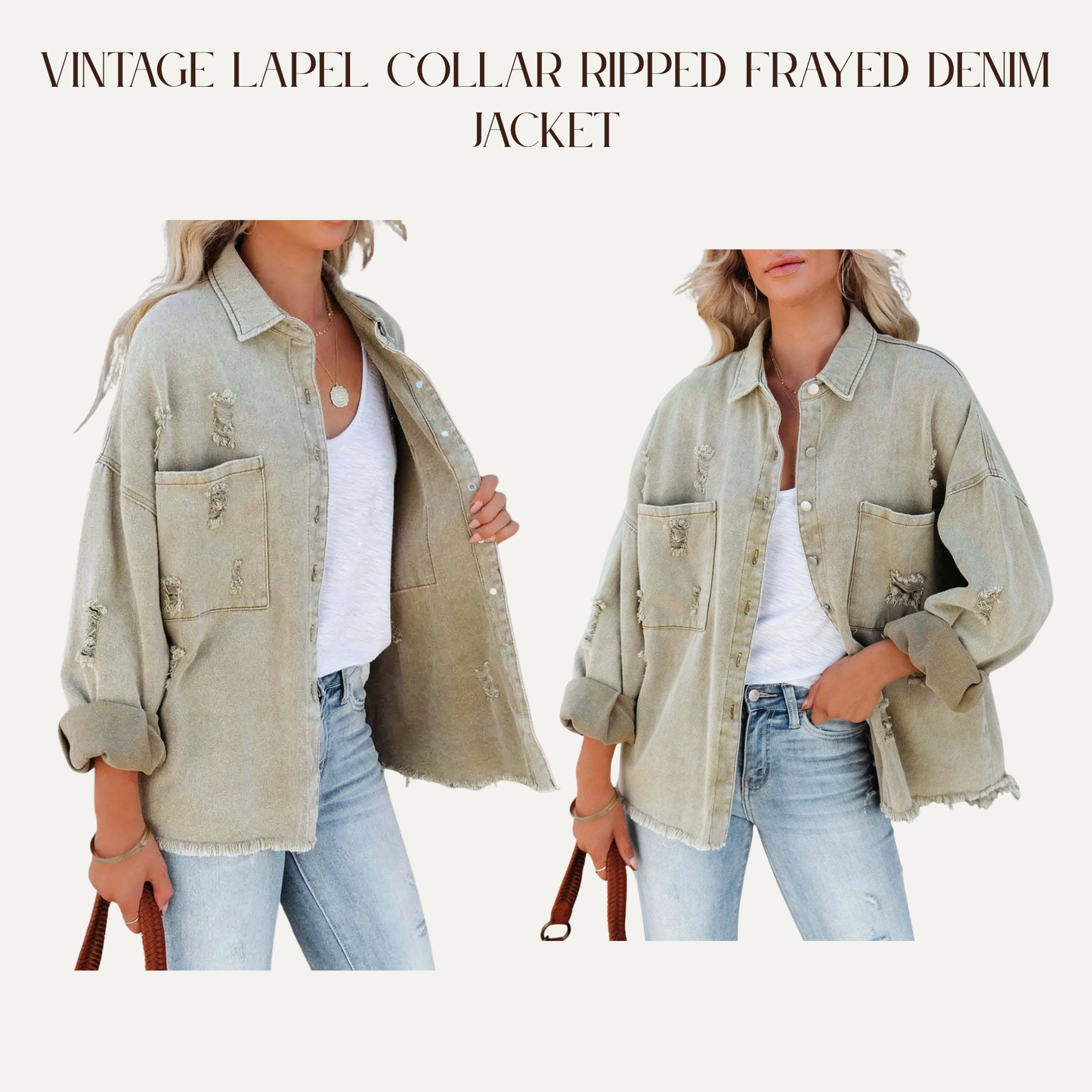 VBB Vintage Lapel Collar Ripped Frayed Denim Jacket