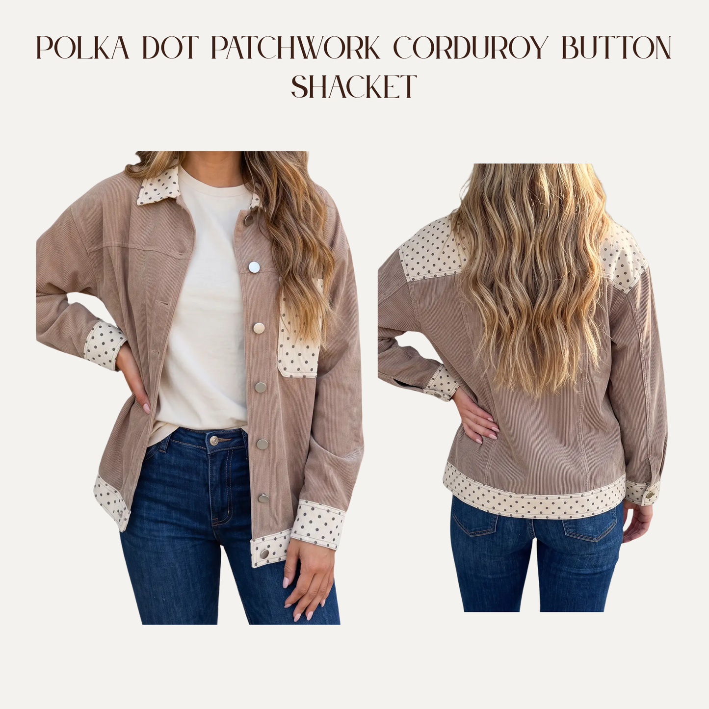 VBB Polka Dot Patchwork Corduroy Button Shacket