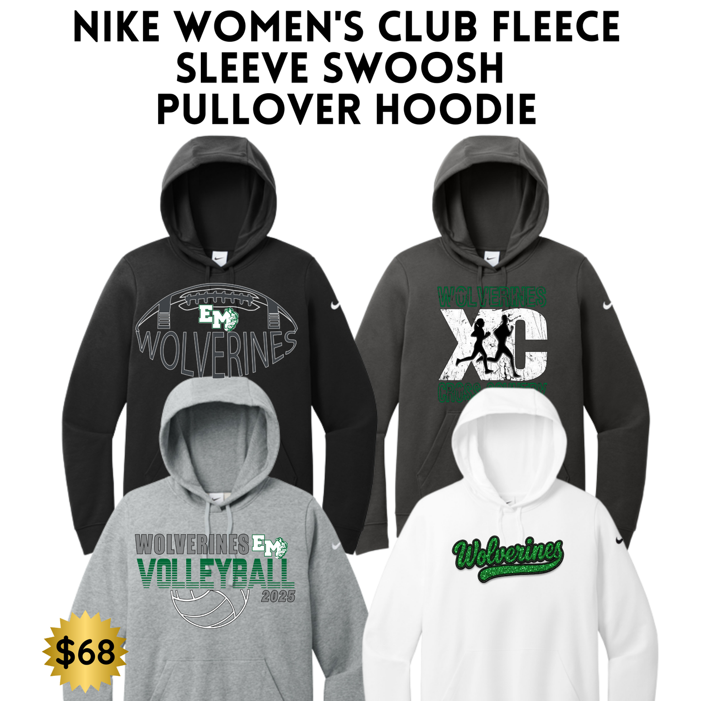 EMAYS25 Nike Women's Club Fleece Sleeve Swoosh Pullover Hoodie