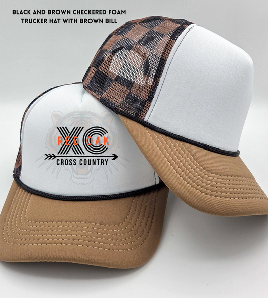 ROCC26 TT Black and Brown Checkered Foam Trucker Hat with Brown Bill