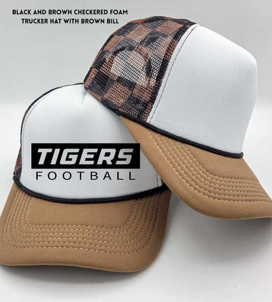 ROFB26 TT Black and Brown Checkered Foam Trucker Hat with Brown Bill