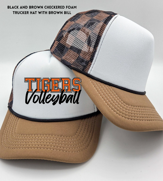 ROVB26 TT Black and Brown Checkered Foam Trucker Hat with Brown Bill