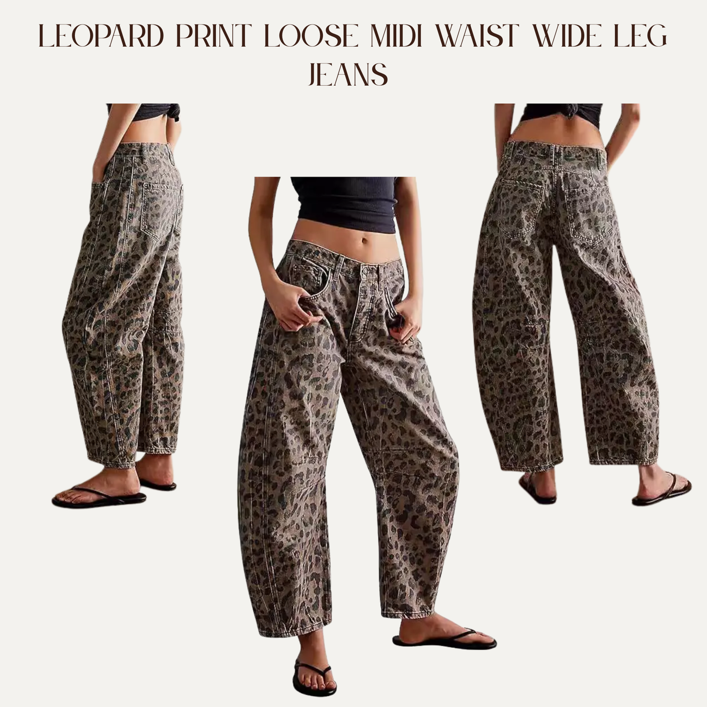 VBB Leopard Print Loose Midi Waist Wide Leg Jeans