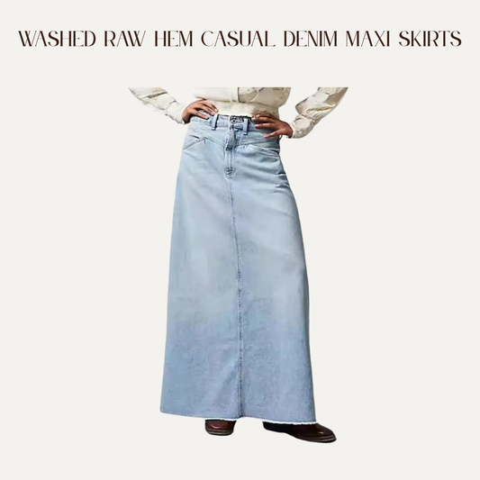 VBB Washed Raw Hem Casual Denim Maxi Skirts