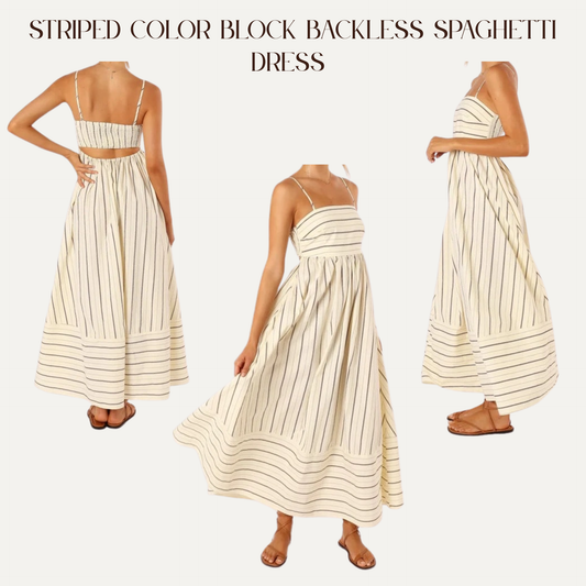 VBB Striped Color Block Backless Spaghetti Dress