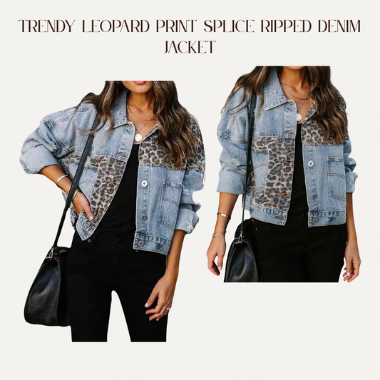 VBB Trendy Leopard Print Splice Ripped Denim Jacket