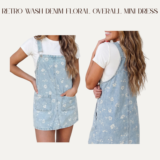 VBB Retro Wash Denim Floral Overall Mini Dress