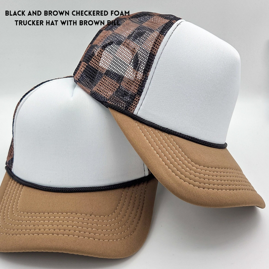 VB TT Black and Brown Checkered Foam Trucker Hat with Brown Bill